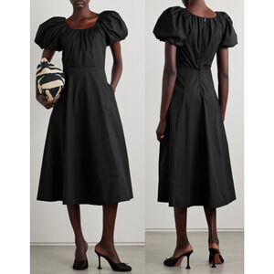 Ulla Johnson Imara Gathered Cotton-Poplin Puff Sleeve A-Line Midi Dress Black 0